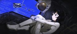  1girl black_eyes black_hair blue_screen_of_death breasts commentary floating_liquid helmet highres hugging_own_legs mikan_lemon open_mouth original short_hair solo space_helmet untranslatable_commentary unworn_headwear unworn_helmet zero_gravity 