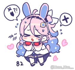  >_< 1girl ahoge animal_ears blue_hair bunny_day chibi chibi_only colored_inner_hair commentary_request denia_(wuthering_waves) dress flying_sweatdrops gloves hair_ornament hands_up kemonomimi_mode long_hair loving_aura mono_mon multicolored_hair open_mouth pink_hair rabbit_ears rabbit_girl red_gloves solo twitter_username white_dress wuthering_waves 