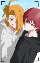  2boys absurdres alternate_costume alternate_hairstyle asymmetrical_bangs black_eyeliner black_hoodie blonde_hair blue_eyes blue_sky brown_eyes closed_mouth clouds cloudy_sky deidara_(naruto) deidaramom expressionless eyeliner grin hair_bun hair_over_one_eye highres hood hoodie makeup male_focus medium_hair multiple_boys naruto_(series) naruto_shippuuden open_mouth red_hair sasori_(naruto) short_hair sky smile taking_picture white_hoodie 