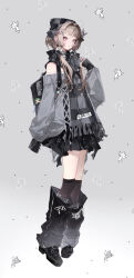  1girl absurdres aegyo_sal backpack bag bag_charm bandaid bandaid_on_cheek bandaid_on_face black_bag black_leg_warmers black_scarf black_shoes black_skirt bow brown_eyeshadow brown_hair brown_socks character_doll charm_(object) closed_mouth commentary_request doll ear_piercing eyebrow_piercing eyelashes eyeshadow face_piercing full_body gradient_background gradient_leg_warmers green_eyes green_hair grey_shirt hair_intakes hair_ornament hair_tie hairclip heterochromia highres jewelry kneehighs leg_warmers long_hair long_sleeves looking_afar makeup mole mole_under_eye off-shoulder_shirt off_shoulder one_side_up original piercing pink_eyes pleated_skirt pom_pom_(clothes) pom_pom_hair_ornament red_eyes ring rouge_(makeup) scarf scarf_pull shachang shirt shoes short_hair shoulder_blush sidelocks skirt socks solo_focus standing star_(symbol) star_hair_ornament white_bow wispy_bangs 