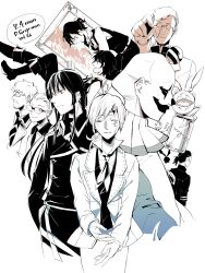  6+boys age_comparison allen_walker aogr_xa apocryphos beard_stubble black_order_uniform boots buttons closed_eyes clown clown_makeup coat collared_coat collared_shirt commentary_request copyright_name creature cross curly_hair d.gray-man dual_persona english_text facial_hair facial_mark facing_to_the_side facing_viewer forehead_mark froi_tiedoll glasses gloves golem_(d.gray-man) hair_between_eyes hair_ribbon hand_in_pocket highres horns jar johnny_gill kanda_yuu limited_palette long_hair long_sleeves looking_at_another looking_at_viewer looking_to_the_side low_ponytail male_focus mana_walker mature_male monochrome multiple_boys mustache nea_d_campbell neckerchief necktie open_clothes open_coat open_mouth outstretched_arm pants parted_bangs parted_lips ponytail portrait_(object) profile ribbon round_eyewear scar scar_across_eye scar_on_face sharp_teeth shirt short_hair sidelocks simple_background smile star_(symbol) star_facial_mark striped_clothes striped_coat striped_necktie stubble tail teeth timcanpy trench_coat upper_body vertical-striped_coat vest white_background wings 