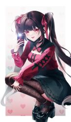  1girl absurdres black_hair black_skirt black_thighhighs bow breasts broken_heart cellphone commentary_request ear_piercing hair_ribbon heart highres honkai:_star_rail honkai_(series) long_hair looking_at_viewer medium_breasts mimemu phone piercing red_bow red_eyes red_nails red_ribbon ribbon skirt smartphone sparkle_(honkai:_star_rail) thigh-highs tongue tongue_out twintails 