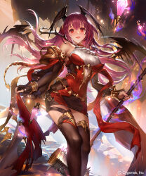  1girl bare_shoulders black_bridal_gauntlets black_thighhighs breasts bridal_gauntlets charon_(shadowverse) commentary_request copyright_name demon_girl demon_horns demon_wings dress hammer highres holding holding_hammer horns large_breasts liiko long_hair looking_at_viewer official_art open_mouth outdoors pink_hair red_dress red_eyes shadowverse shadowverse:_worlds_beyond short_dress smile solo standing thigh-highs wings 