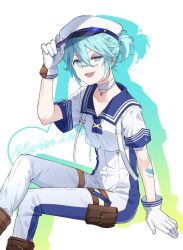  1boy :3 :d adjusting_clothes adjusting_headwear bandaid bandaid_on_arm bandaid_on_face bandaid_on_nose blue_eyes blue_hair blue_sailor_collar bruise bruised_eye fang feet_out_of_frame gloves hair_between_eyes hat highres identity_v injury jumpsuit looking_at_viewer luca_balsa male_focus nikunikuoda official_alternate_costume peaked_cap ponytail pouch sailor_collar short_ponytail sidelocks smile solo thigh_pouch thigh_strap white_gloves 