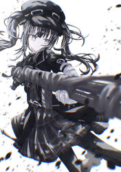  1girl absurdres ammunition_pouch arm_belt asymmetrical_gloves bandaged_arm bandaged_hand bandages black_choker black_coat black_dress black_gloves black_hair black_hat black_pantyhose black_ribbon choker chromatic_aberration closed_mouth coat collared_dress commentary_request cowboy_shot dress dust gloves goggles goggles_on_headwear grey_eyes gun hair_ornament hat highres holding holding_gun holding_weapon kurobe_nanoka long_hair mahou_shoujo_no_majo_saiban neck_ribbon pantyhose plaid_clothes plaid_dress pouch ribbon rifle simple_background solo tatsunami1379 twintails weapon white_background 