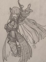  1girl asymmetrical_horns birthmark black_hair black_horns clothing_cutout cosplay demon_horns enigmatic_recollection feather-trimmed_jacket flower graphite_(medium) hatching_(texture) highres holoadvent hololive hololive_english horn_flower horns linear_hatching long_hair mechanical_pencil mole mole_under_eye monochrome nerissa_ravencroft nerissa_ravencroft_(1st_costume) nerissa_ravencroft_(cosplay) open_mouth paper_background pencil perspective photo_(medium) self-upload sergent_magnom shoulder_cutout sketch solo traditional_media uneven_horns virtual_youtuber 