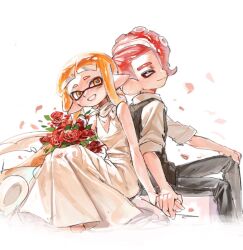  1boy 1girl agent_3_(splatoon) agent_8_(splatoon) black_pants black_vest blonde_hair blush bouquet closed_eyes closed_mouth collared_shirt commentary couple cropped_legs dress facing_viewer falling_petals flower gucandiyi52092 hetero holding holding_bouquet holding_hands inkling long_hair long_pointy_ears long_sleeves looking_at_viewer octoling octoling_boy octoling_player_character pants parted_lips petals pointy_ears red_flower red_hair red_rose rose rose_petals sash shirt simple_background sitting sleeves_rolled_up smile splatoon_(series) suction_cups teeth tentacle_hair vest wedding_dress white_background white_dress white_sash white_shirt yellow_eyes 