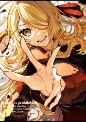  1girl black_coat blonde_hair breasts coat commentary_request cynthia_(pokemon) fur-trimmed_coat fur-trimmed_sleeves fur_collar fur_trim grey_eyes hair_ornament hair_over_one_eye highres long_hair long_sleeves looking_at_viewer open_mouth pokemon pokemon_diamond/pearl/platinum solo teeth to_camellia very_long_hair 