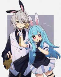  1boy 1girl :o animal_ear_hairband animal_ears asymmetrical_gloves black_gloves black_hairband black_shirt black_vest blue_hair blunt_bangs blush border buttons commentary_request corn_kuten cowboy_shot dot_nose double-parted_bangs double_v fake_animal_ears frilled_sleeves frills gloves grey_background grey_hair hair_between_eyes hair_intakes hairband half_gloves hands_up iori_yuzuru kotonoha_aoi long_hair long_sleeves looking_at_viewer miniskirt mismatched_gloves necktie open_mouth outline outside_border parted_lips partially_fingerless_gloves rabbit_ear_hairband rabbit_ears red_eyes shirt short_hair short_sleeves sidelocks simple_background skirt thigh_strap v v-shaped_eyebrows vest voiceroid white_border white_gloves white_hairband white_outline white_shirt white_skirt white_vest yellow_necktie 