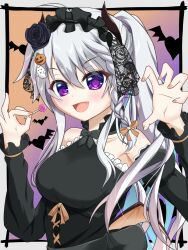  1girl 9-nine- :d ahoge alternate_costume bare_shoulders bat_wings black_bow black_bowtie black_dress black_flower black_hairband black_rose blush border bow bowtie braid breasts candy claw_pose collarbone commentary demon_horns detached_sleeves dress eyes_visible_through_hair fake_horns fake_wings fang fingernails flower food frilled_dress frilled_hairband frills ghost_hair_ornament gradient_background grey_hair hair_between_eyes hair_bow hair_flower hair_ornament hairband halloween halloween_costume hands_up happy heart highres holding holding_candy holding_food holding_lollipop horns jack-o'-lantern jack-o'-lantern_hair_ornament juliet_sleeves large_breasts lollipop long_hair long_sleeves looking_at_viewer low_wings niimi_sora ok_sign open_mouth orange_bow outside_border puffy_sleeves revision rose ryu9voice side_ponytail sidelocks simple_background single_braid sleeveless sleeveless_dress smile solo upper_body v-shaped_eyebrows violet_eyes white_border wings 