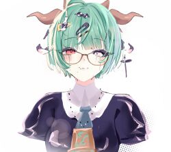  1girl animal_ears bead_necklace beads bell black_dress black_sclera bottle_hair_ornament colored_sclera cow_ears cow_girl cow_horns cowbell crelly crelly_(mold_mother) cross cross_earrings dress earrings glasses green_hair grey_eyes grey_sclera heterochromia highres horns indie_virtual_youtuber jewelry makeup miname_(miname21) mismatched_sclera mold mole mole_under_mouth necklace red_eyes runny_makeup short_hair solo virtual_youtuber white_background 