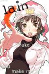  bad_id blush breasts brown_eyes brown_hair face fingerprint foreshortening hands hat highres iwakura_lain outstretched_arm serial_experiments_lain short_hair solo text tongue tongue_out 