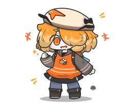  +++ 1girl antennae beret black_boots black_skirt blush_stickers boots brown_hat chibi commentary_request drooling full_body grey_pantyhose hair_over_one_eye hand_up hat highres hood hood_down hoodie long_sleeves mouth_drool multicolored_hair notice_lines orange_eyes orange_hair orange_hoodie original pantyhose sea_urchin shadow simple_background skirt sleeves_past_wrists solo sparkle standing two-tone_hair uni_souchou white_background 