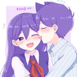  1boy 1girl blush bright_pupils censored collared_pajamas collared_shirt commentary_request dated double-parted_bangs flying_sweatdrops hair_between_eyes heart heart_censor hero_(headspace)_(omori) hero_(omori) hetero highres kiss kissing_cheek long_hair mari_(headspace)_(omori) mari_(omori) neckerchief omori one_eye_closed open_mouth pajamas purple_hair purple_sweater_vest red_neckerchief ryo_pen17 shirt smile striped_clothes striped_pajamas sweater_vest tongue translation_request vertical-striped_clothes vertical-striped_pajamas violet_eyes white_pajamas white_pupils white_shirt 