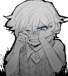 1boy basil_(faraway)_(omori) basil_(omori) blue_eyes blush collared_shirt commentary_request crying crying_with_eyes_open double-parted_bangs greyscale hair_between_eyes highres lower_teeth_only male_focus monochrome omori shirt short_hair simple_background sk816 solo spot_color sweater_vest tears teeth wiping_tears 