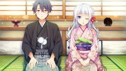  1boy 1girl :o black_hair black_haori black_kimono blue_eyes bow braid brown_eyes closed_mouth cup drawer floral_print furisode fuyuichi_monme game_asset grey_hakama grey_sash hair_bow hakama hakama_pants hand_on_own_leg hands_on_own_thighs haori harizome_shione holding_own_hand indoors japanese_clothes kimono long_hair long_sleeves looking_at_viewer looking_to_the_side non-web_source obi obijime one_eye_closed open_mouth pants pink_kimono plate purple_sash red_bow ren'ai_x_royale sash seiza self-datamine short_hair shouji side-by-side side_braid sitting sliding_doors straight-on tatami washitsu wedding white_hair wide_sleeves 