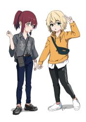  2boys bag belt bishounen blonde_hair coat commentary_request dress_shoes green_eyes hair_between_eyes highres hood male_focus multiple_boys original pants ponytail red_hair shirt shoes shoulder_bag trap v watch watch yoruhachi 