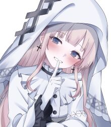  1girl bib_collar blonde_hair commentary_request cross cross_earrings cross_ornament dress earrings finger_to_mouth frilled_dress frilled_sleeves frills gloves grey_eyes highres hikami_meruru jewelry kosaki_03 long_hair long_sleeves looking_at_viewer mahou_shoujo_no_majo_saiban priestess shushing simple_background smile solo teeth upper_body veil white_background white_dress white_gloves white_veil wide_sleeves 