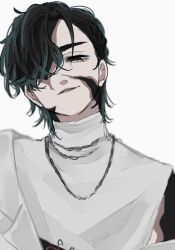  1boy alien_stage black_eyes commentary_request downturned_eyes fang highres ivan_(alien_stage) male_focus parted_lips portrait red_pupils shirt short_hair sleeveless sleeveless_shirt solo thick_eyebrows turtleneck turtleneck_shirt white_background white_shirt z_(user_asha7224) zombie_stage 