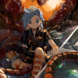  1girl black_shirt black_skirt bow bug cave centipede closed_mouth commentary_request grey_eyes grey_hair himemushi_momoyo kaigen_1025 knee_up long_hair looking_at_viewer orange_bow shirt short_sleeves sitting skirt touhou 