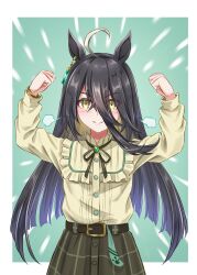  1girl absurdres ahoge animal_ears belt black_belt black_hair black_ribbon blush casual closed_mouth ear_tag earrings flexing frilled_shirt frills gentiano815 hair_between_eyes highres horse_ears horse_girl jewelry long_bangs long_hair long_hair_between_eyes long_sleeves manhattan_cafe_(casual)_(umamusume) manhattan_cafe_(umamusume) multicolored_hair neck_ribbon puff_of_air ribbon shirt shirt_tucked_in single_earring skirt smile solo umamusume white_hair yellow_eyes yellow_shirt 