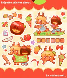  +++ aged_down alphabet_blocks animal apple apple_slice artist_name baseball_bat blonde_hair blue_dress bow brown_hair character_name commentary crossed_bandaids crt deltarune dress english_commentary english_text fake_horns flying_sweatdrops food fruit get_along_shirt_(meme) hairband highres holding holding_animal horn_hairband horns ice_cream_cone kris_(deltarune) mango meme mouse_(animal) nesheesuu2 noelle_holiday partially_shaded_face red_bow red_horns shared_shirt star_(symbol) sticker_sheet_(medium) utdr_(toby_fox) white_wings wings 