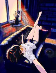  1girl absurdres animal artist_name bad_arm bad_proportions barefoot black_hair black_shorts cat closed_mouth colorful commentary_request complementary_colors couch crew_neck dated flower highres indoors light_rays long_hair lying on_back on_couch orange-tinted_eyewear original shirt short_shorts short_sleeves shorts sleeping_animal solo t-shirt tile_wall tiles tinted_eyewear tkdoodle v vase white_flower white_shirt 