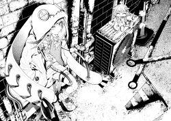  1girl air_conditioner akane_harurou alley bow braid brick_wall commentary greyscale hair_bow highres hololive hololive_dev_is hood hood_up hooded_jacket industrial_pipe jacket looking_at_viewer low_twin_braids mizumiya_su monochrome outdoors shoes shorts sitting sneakers socks twin_braids untranslatable_commentary virtual_youtuber 