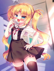  1girl :d blonde_hair blurry blurry_background blush brown_skirt brown_thighhighs commentary_request depth_of_field fang green_eyes hand_on_own_hip hand_to_own_mouth hand_up indoors long_hair looking_at_viewer mesugaki neck_ribbon original parted_bangs red_ribbon ribbon sailor_collar shirt skirt smile solo suspender_skirt suspenders suzunone_rena thigh-highs twintails very_long_hair white_sailor_collar white_shirt 