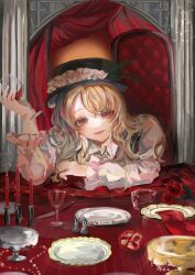  1girl absurdres alcohol black_hat black_vest candlestand chair commentary_request cup dolls_in_pseudo_paradise drinking_glass flower food fruit hat highres holding holding_cup jacket_girl_(dipp) knife long_hair long_sleeves looking_at_viewer milkarma810 open_mouth plate pomegranate red_eyes red_flower rose shirt signature sitting solo touhou twitter_username upper_body vest white_shirt wine wine_glass 