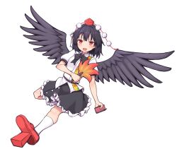  1girl bird_wings black_bow black_bowtie black_hair black_skirt black_wings blush bow bowtie commentary_request fang feathered_wings frilled_skirt frills full_body game_asset geta hakurei_frontier_spell_strive hat highres looking_at_viewer medium_hair multicolored_shirt official_art open_mouth pom_pom_(clothes) puffy_short_sleeves puffy_sleeves red_eyes red_hat shameimaru_aya shirt short_hair short_sleeves simple_background skin_fang skirt smile solo tengu-geta teoi_(good_chaos) third-party_source tokin_hat touhou transparent_background white_shirt wings 