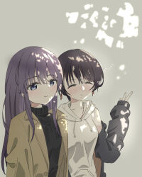  2girls absurdres black_hair black_jacket black_sweater blue_eyes brown_coat chang_chin-lan closed_eyes closed_mouth coat commentary dappled_sunlight drawstring earrings gujyo_kanade highres hood hoodie hoyaiscute jacket jewelry kamiina_botan_yoeru_sugata_wa_yuri_no_hana long_hair multiple_girls purple_hair short_hair sleeveless sleeveless_hoodie smile sunlight sweater turtleneck turtleneck_sweater upper_body white_hoodie 