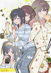 2girls black_hair blue_eyes blue_shirt blush braid broccoli brown_hair chinese_commentary closed_eyes coffee_mug commentary_request cuddling cup drinking earrings flower_earrings fried_egg grey_pants grid_background haidao_mao half_up_braid highres holding holding_cup hug hug_from_behind jewelry long_hair miyagi_shiori mug multiple_girls pajamas pants parted_lips plate revision sendai_hazuki shirt shuuniichido_classmate_wo_kau_hanashi sleeping squeans stud_earrings tomato toothbrush violet_eyes yellow_pants yellow_shirt yuri 