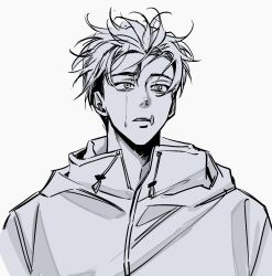  1boy closed_mouth crying crying_with_eyes_open drawstring greyscale highres hood hood_down hooded_jacket itadori_yuji jacket jujutsu_kaisen male_focus monochrome omoc_ackerman scar scar_on_face scar_on_forehead scar_on_mouth short_hair simple_background solo tears white_background 