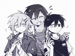  3boys alternate_costume alternate_hairstyle antenna_hair basil_(faraway)_(omori) basil_(omori) breast_pocket chinese_commentary collared_jacket commentary_request dark-skinned_male dark_skin double-parted_bangs greyscale grin hair_between_eyes hair_ornament hairclip headphones headphones_around_neck heterochromia highres jacket kel_(faraway)_(omori) kel_(omori) long_sleeves low_ponytail male_focus monochrome multiple_boys musical_note omori open_clothes open_jacket open_mouth parallel_hairclips pocket ponytail short_hair short_ponytail short_sleeves sidelocks simple_background smile spoilers sunny_(omori) sweater_vest teeth y_h 