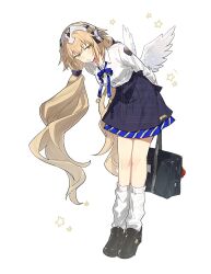  1girl angel_wings bag black_skirt blonde_hair commentary_request fate/grand_order fate_(series) headphones highres jeanne_d'arc_(fate) kabutomushi_s loose_socks low_twintails metatron_jeanne_(academy_outfit)_(fate) metatron_jeanne_(fate) school_bag shirt skirt socks twintails white_shirt wings yellow_eyes 