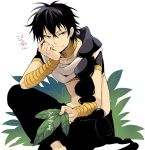  black_hair hand_on_face hand_on_own_face head_rest jewelry judal long_hair magi_labyrinth_of_magic magi_the_labyrinth_of_magic male midriff neck_ring red_eyes sitting smirk solo very_long_hair vox 