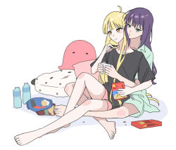  2girls ahoge bag_of_chips barefoot black_shirt blonde_hair bottle chewing cho_kaguya-hime! closed_mouth commentary_request controller food fushi_(cho_kaguya-hime!) game_controller green_eyes green_shirt highres holding holding_controller holding_food holding_game_controller kaguya_(cho_kaguya-hime!) kim_hanull korean_commentary long_hair multiple_girls pink_eyes pink_shorts pocky purple_hair sakayori_iroha shirt shorts simple_background sitting sitting_on_lap sitting_on_person toes white_background yuri 