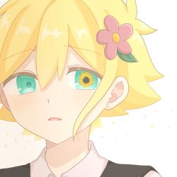  1boy alternate_color basil_(faraway)_(omori) basil_(omori) black_sweater_vest blonde_hair blue_eyes collared_shirt commentary_request double-parted_bangs flower hair_between_eyes hair_flower hair_ornament highres looking_at_viewer omori parted_lips portrait_(object) ryo_pen17 shirt short_hair sidelocks solo sweater_vest white_background white_shirt 