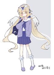  1girl alternate_costume angel_wings bag black_bag blonde_hair blue_neckerchief blue_skirt cardigan closed_mouth commentary_request fate/grand_order fate_(series) feathered_wings full_body glasses hair_ornament hair_scrunchie headphones highres himitsu_onigiri jeanne_d'arc_(fate) long_hair long_sleeves low_twintails metatron_jeanne_(fate) metatron_jeanne_(second_ascension)_(fate) neckerchief open_clothes pleated_skirt purple_skirt red-framed_eyewear sailor_collar school_bag school_uniform scrunchie serafuku shirt shoulder_bag simple_background skirt slippers socks solo standing twintails very_long_hair white_background white_shirt white_socks white_wings wings yellow_eyes 