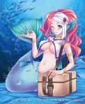  bandage bandages box bracelet breasts character_request choker fish glasses green_eyes hair_ornament hairpin jewelry long_hair mermaid midriff monster_girl navel payot pince-nez pointy_ears ponytail red_hair redhead smile solo source_request square_enix under_boob underboob underwater wink yuukyuu_no_sharin 