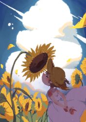  1girl absurdres arms_behind_back bare_arms bare_shoulders blush brown_hair brown_hat closed_eyes clouds commentary_request cumulonimbus_cloud day dress field flower flower_field hat highres kokamakiri original outdoors short_hair sleeveless sleeveless_dress solo sun_hat sundress sunflower sunflower_field white_dress yellow_flower 