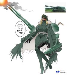  1girl absurdres artillery artist_name black_gloves black_sclera blonde_hair coat colored_sclera commentary english_commentary fur-trimmed_coat fur_trim gloves green_coat green_jacket hat highres jacket long_hair mask mechanical_legs military_hat military_jacket military_uniform military_vehicle nisp_art original personification photo_inset reference_inset russian_ground_forces shell_casing simple_background vehicle_and_personification white_background yellow_pupils 