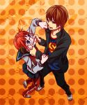  brown_hair bun_cover casual clenched_hand dc_comics double_bun eye_contact face-to-face face_to_face fist gintama glasses kagura_(gintama) looking_at_another matsuhana mouth_pull okita_sougo open_mouth pants polka_dot_background red_eyes red_hair redhead rivalry s_shield school_uniform short_hair skirt superman teasing 