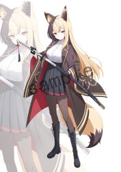  1girl absurdres animal_ear_fluff animal_ears black_boots black_gloves black_skirt blonde_hair boots breasts bright_pupils brown_coat brown_hair brown_pantyhose closed_mouth coat collared_shirt fox_ears fox_girl fox_tail full_body gloves highres holding holding_sheath holding_sword holding_weapon katana knee_boots lace-up_boots large_breasts long_hair long_sleeves looking_at_viewer multicolored_hair open_clothes open_coat original pantyhose pleated_skirt recri_(mihuashi) red_coat red_eyes sample_watermark sheath shirt skirt smile solo split-color_hair standing sword tail two-sided_coat two-sided_fabric two-tone_hair unsheathing very_long_hair watermark weapon white_background white_pupils white_shirt wide_sleeves zoom_layer 