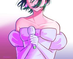  1girl alien_stage bare_shoulders black_hair collarbone commentary dress earrings english_commentary gloved_sleeves gloves head_out_of_frame highres holding holding_microphone jewelry juliet_sleeves long_sleeves microphone off-shoulder_dress off_shoulder puffy_sleeves rairenuwu short_hair signature sphere_earrings sua_(alien_stage) upper_body white_dress white_gloves 