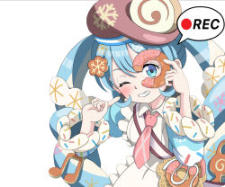  1girl apron aqua_eyes aqua_hair beret blush brown_hat commentary_request cookie_hair_ornament detached_sleeves djakarta doughnut food food-themed_hair_ornament frilled_apron frills fur-trimmed_sleeves fur_trim hair_between_eyes hair_ornament hat hatsune_miku highres holding holding_donut holding_food long_hair looking_at_viewer necktie official_alternate_costume official_alternate_hairstyle one_eye_closed pink_necktie puffy_short_sleeves puffy_sleeves short_sleeves simple_background smile solo teeth twintails upper_body very_long_hair vocaloid white_apron white_background wide_sleeves yuki_miku yuki_miku_(2026) 