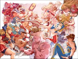  6+boys 6+girls balrog_(street_fighter) black_hair blonde_hair boots cammy_white captain_marvel_(carol_danvers) captain_marvel_(movie) character_request chun-li cleavage_cutout clothing_cutout commentary copyright_request crossover dark-skinned_male dark_skin double_bun east-west_crossover english_commentary fei_long flying_kick guile hair_bun hibiki_dan highres juli_(street_fighter) juni_(street_fighter) kanzuki_karin ken_masters kicking m._bison marvel matthew_weldon multiple_boys multiple_crossover multiple_girls muscular muscular_male ryu_(street_fighter) star_cutout street_fighter street_fighter_ii_(series) street_fighter_zero_(series) thigh_boots vega_(street_fighter) veins veiny_arms zangief 