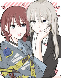  2girls black_choker black_jacket blue_eyes blue_jacket brown_hair choker commentary girls_band_cry grcr_pometa1118 grey_eyes grey_hair hair_between_eyes hand_on_another's_cheek hand_on_another's_face heart highres iseri_nina jacket kawaragi_momoka long_hair low_twintails multicolored_hair multiple_girls o-ring o-ring_choker open_mouth roots_(hair) short_hair short_twintails twintails yuri 