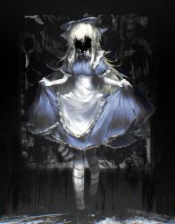  1girl absurdres alice_(black_souls) am_hei apron black_liquid black_souls black_souls_2 blonde_hair blue_bow blue_dress bow bow_hairband bowtie breasts chinese_commentary commentary_request corruption curtsey dark_background dress faceless faceless_female frilled_dress frills hair_bow hairband highres holding_own_dress hole_in_face long_dress long_hair puffy_short_sleeves puffy_sleeves short_sleeves sidelocks small_breasts solo striped_clothes striped_thighhighs thigh-highs translation_request very_long_hair white_apron 